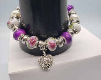 Lampwork Bracelet | Heart Charm Bracelet | Heart Jewelry | Silver Bracelet | Purple Bracelet | White Bracelet | Gift For Her