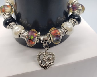 Lampwork Bracelet | Heart Charm Bracelet | Heart Jewelry | Silver Bracelet | Black Bracelet | White Bracelet | Gift For Her