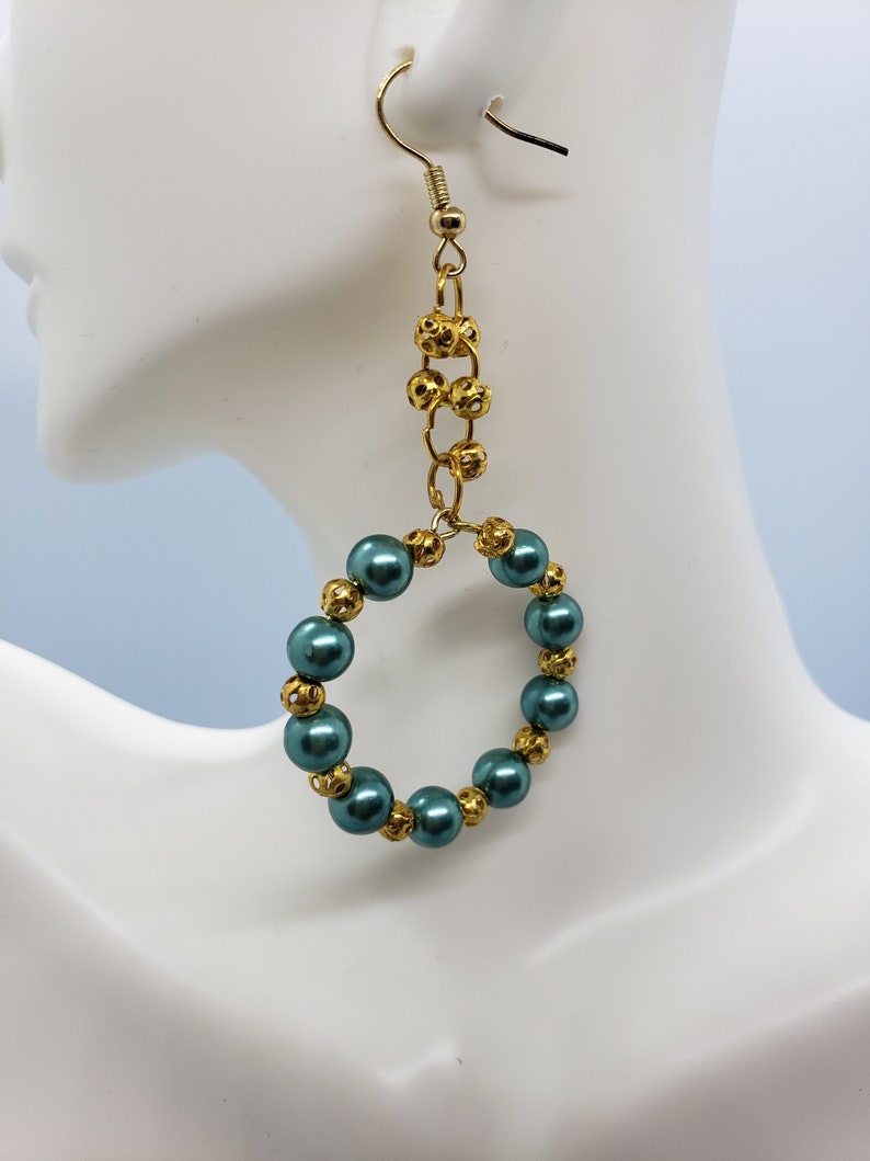 Handmade Earrings, Green Earrings, Hoop Earrings, Pearl Earrings, Dangle Earrings, Gift For Women image 4