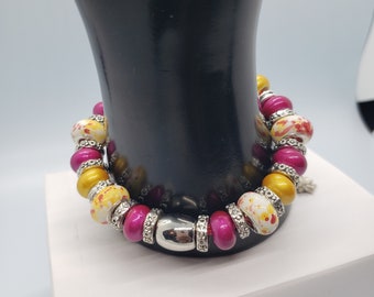 Lampwork Bracelet | Flower Bracelet | Flower Jewelry | Silver Bracelet | Purple Bracelet | White Bracelet | Yellow Bracelet