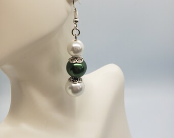 Green  Earrings | White Earrings | Pearl Jewelry | Holiday Jewelry | Holiday Earrings | Gift For Her | Silver Earrings | Free Shipping