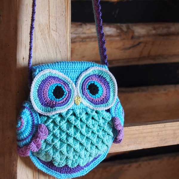 GERMANY version of crochet pattern Owl Bag "Blue Dreams", Eulen-Tasche "Blaue Träume"