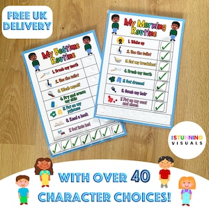 Set Of 2 Personalised, Morning & Bedtime Routine Charts with Removable ticks