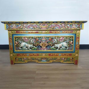 Tibetan Finest Buddhist Chokchi Wooden Carved Foldable Tea Table - Nepal