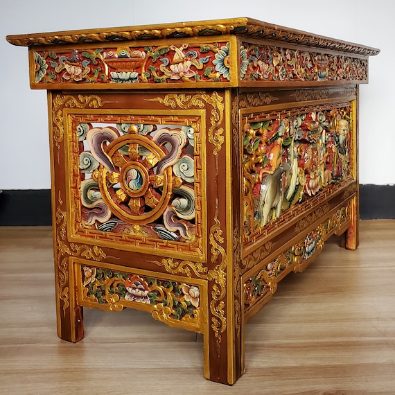 Tibetan Chokchi Complete Auspicious Sings Carved Wooden Foldable