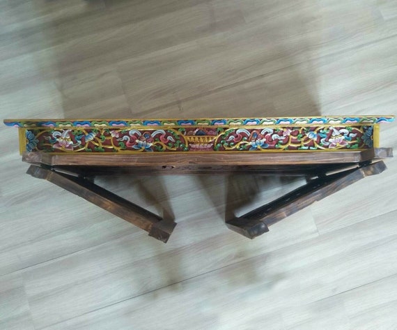 Tibetan Finest Buddhist Chokchi Wooden Carved Foldable Tea Table