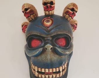 Nepalese Wooden Citipati Skull Mask Wall Hanging 16" - Nepal