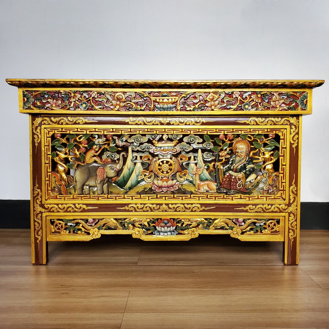 Tibetan Chokchi Complete Auspicious Sings Carved Wooden Foldable