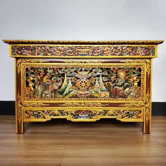 チベット密教装飾画 木製手描き Tibetan Shrine Panel Tibetan Chokchi Complete Auspicious Sings Carved Wooden Foldable