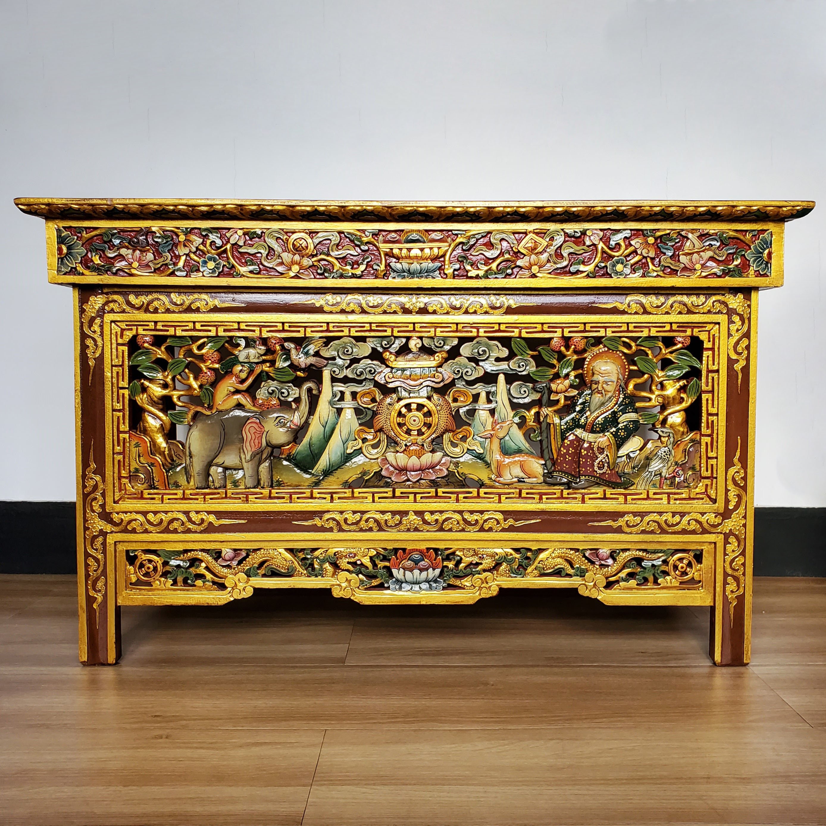 Tibetan Chokchi Complete Auspicious Sings Carved Wooden Foldable