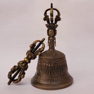 Tibetan Buddhist 9 & 5 Pronged Bronze Bell 9&quot; and Vajra /Dorje (Large) - Nepal