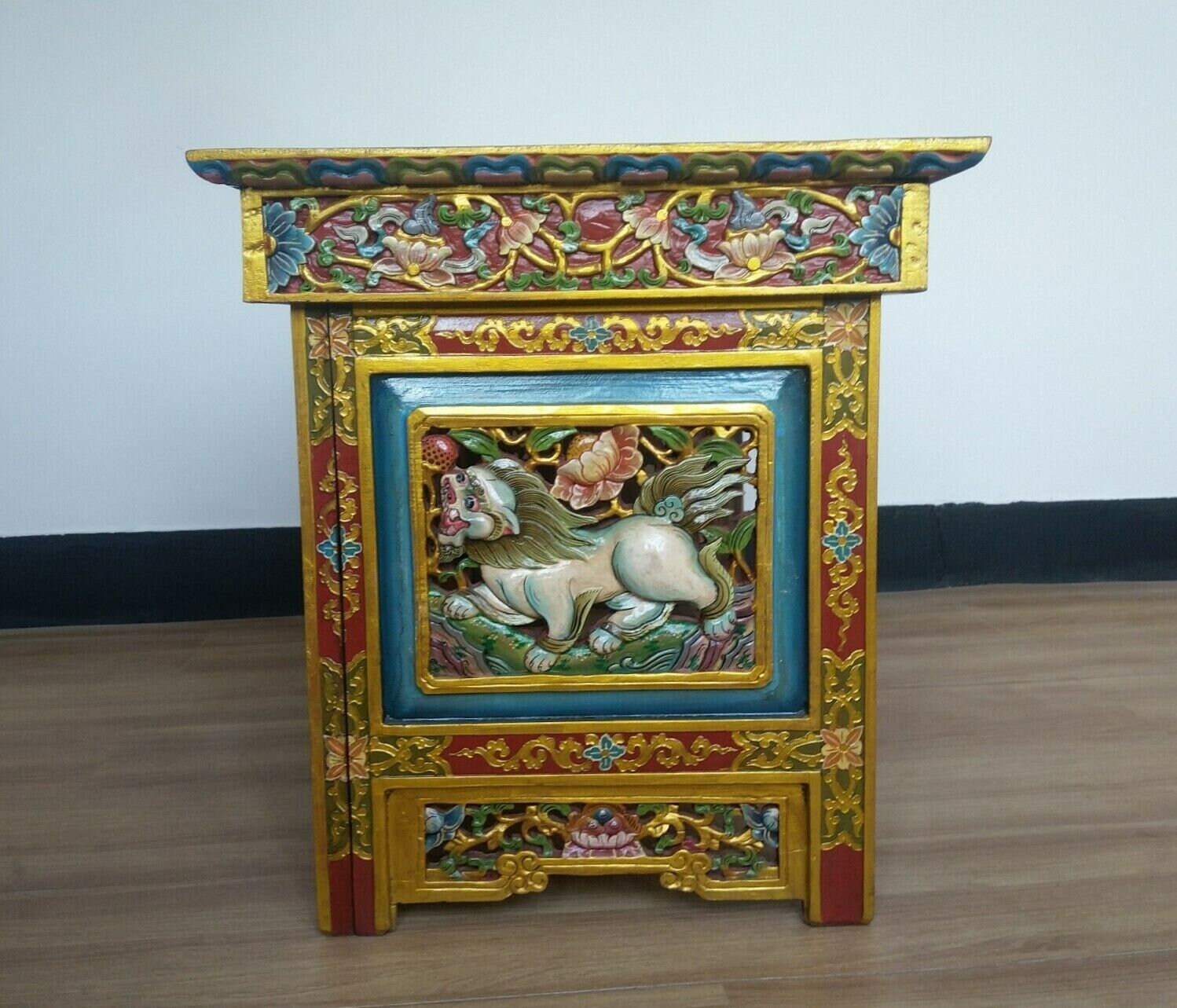 Tibetan Finest Buddhist Chokchi Wooden Carved Foldable Tea Table