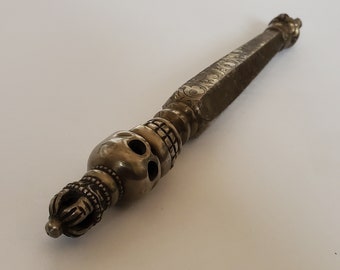 Tibetan Buddhist Iron Skull Carvings Tantrik Khatang Phurba 9&quot; - Nepal
