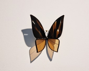 Vitrail papillon mural 3D brun et pêche. Décoration murale. Insecte verre fait main. Papillon collection. Cadeau fête mères