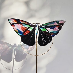 Handmade black and multicolored stained glass butterfly. Wall and window decor. Sun catcher. Night moth. Curiosity cabinet. For home.
