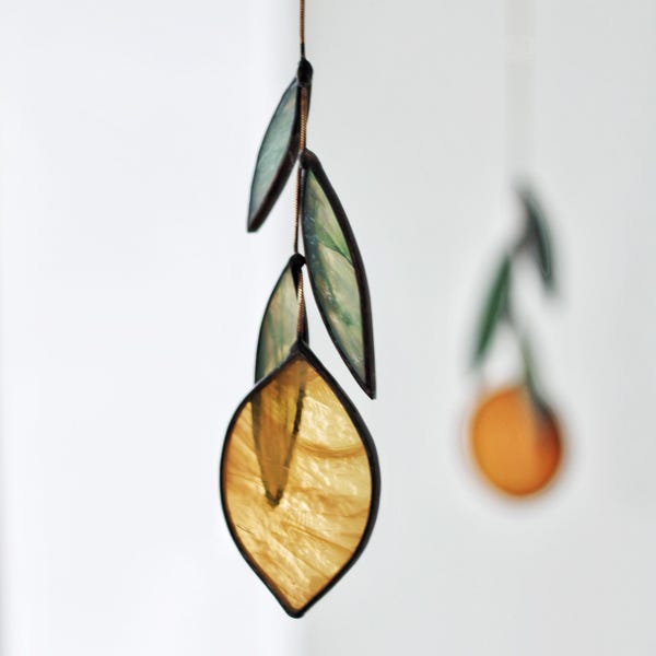 Mobile stained glass window: Lemon or Orange. Hanging citrus stained glass chain. Suncatcher ornament. Window decoration. Glass and brass home decor.