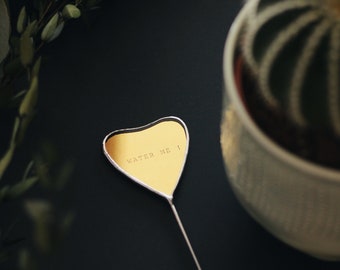 Stained glass plant stake. Gold mirror heart. Glass engraving. Love and humour message. Plant decor. Gift. Plant pins. Valentine's Day.