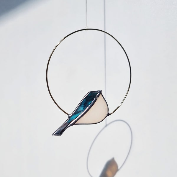 Pre-order - Blue Tit Duck Bird Stained Glass Brass Circle. Lightweight glass home decoration. Handmade. Small suncatcher ornament.