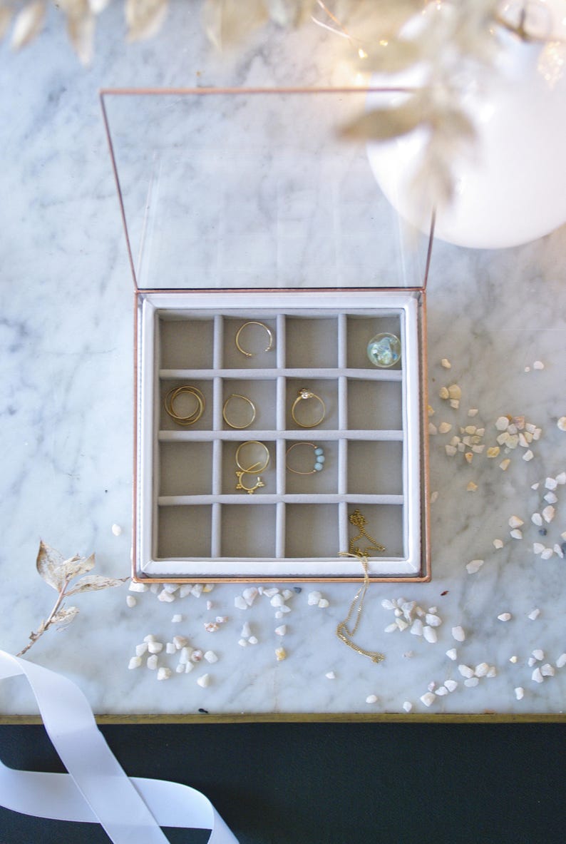 Copper Geometric box Wedding Jewelry glass box Accessories box Valentin/'s Day Ring box Gift for Her Minimalist Square Contemporary