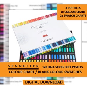 Op de afbeelding: Een witte doos Sennelier 120 half-sticks zachte pastels uit de Paris Collection. De doos is open en toont een kleurrijk assortiment pastels. De afbeelding bevat ook een kleurenkaart en kleurstalen, beschikbaar als digitale download.