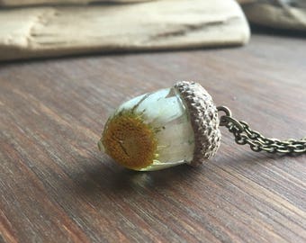 Daisy acorn-acorn necklace-daisy necklace-real daisy jewellery-resin acorn-resin necklace-gift fir her-mothersday gift