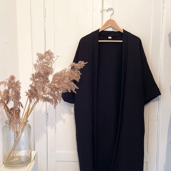 Manteau femme kimono en mousseline douce // Noir