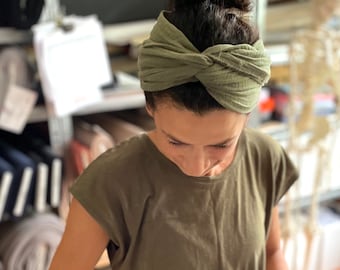 Bandeau mousseline olive, bandeau vert, bandeau turban, double gaze mousseline bio