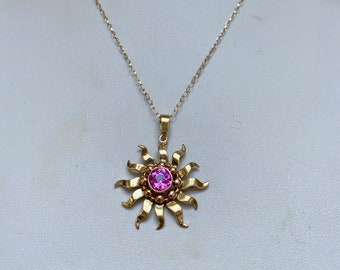 Vintage 9k gold and pink sapphire sunburst necklace