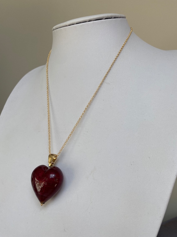 Vintage 9k gold and red foiled glass heart neckla… - image 10