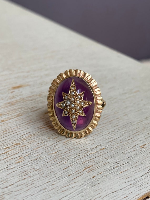 Vintage Victorian revival 9k gold, amethyst caboch