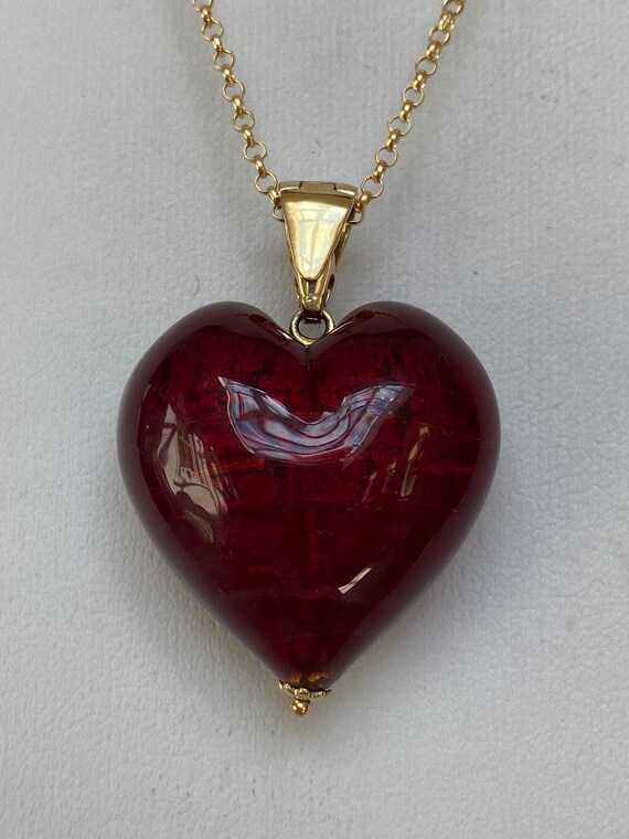 Vintage 9k gold and red foiled glass heart neckla… - image 7