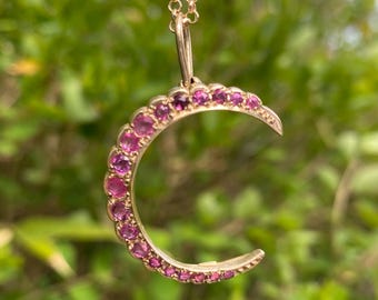Vintage 9k gold and ruby crescent moon necklace