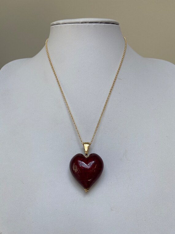 Vintage 9k gold and red foiled glass heart neckla… - image 8