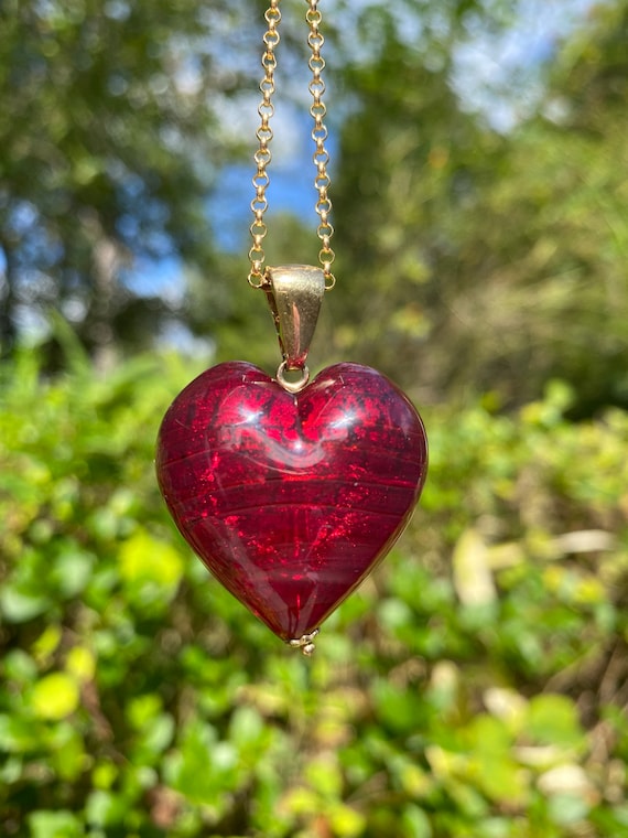 Vintage 9k gold and red foiled glass heart neckla… - image 1