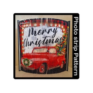 May include: A red pickup truck with a Christmas tree in the back, driving through a snowy scene. The truck has a wreath on the front and the words "Merry Christmas" are written above it. The image is a photo strip pattern.