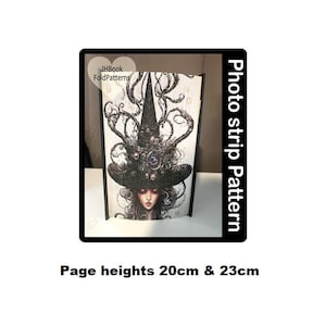 May include: A black and white photo strip pattern featuring a woman with a large black hat and intricate details. The pattern is for a photo strip book with page heights of 20cm and 23cm. The text "JHBook FoldPatterns" is visible in the image.