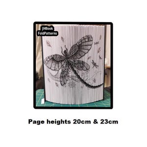 May include: A black and white folded book art piece depicting a dragonfly with intricate details. The book is standing upright and the pages are folded to create the 3D effect. The book is titled "JHBook FoldPatterns". The page heights are 20cm and 23cm.