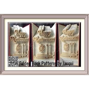 May include: Three book sculptures of houses with the words "Happy Retirement" on the front. The sculptures are framed in a light brown frame. The text "Folded Book Patterns by Jacqui" is below the sculptures.