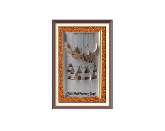 May include: A framed piece of folded book art depicting Santa Claus flying over a snowy village with the text "Folded Book Patterns by Jacqui" and "Folded by Elf Book Art".