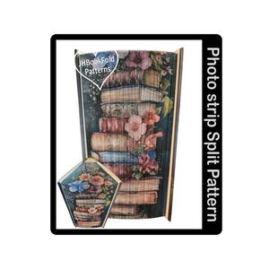 Può includere: Un motivo diviso a striscia fotografica con una pila di libri con accenti floreali. Il design include il testo "JHBookfold Patterns" e "Photo strip Split Pattern". I libri sono in tonalità di marrone, blu e rosa.