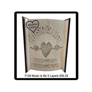 May include: A wooden book fold art piece with the words "Music is Life" and "That's Why Our Hearts Have Beats" carved into the pages. The design includes a heart and musical notes. The piece is framed in black.