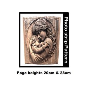 May include: A wood carving of a mother and child embracing. The carving is in a wooden frame and is 20cm by 23cm. The image is labeled "Photo strip pattern".