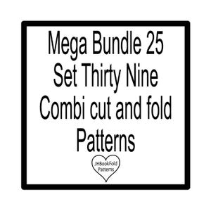 May include: A white square with a black border contains the text "Mega Bundle 25 Set Thirty Nine Combi cut and fold Patterns". A heart with the text "JHBookFold Patterns" is at the bottom.