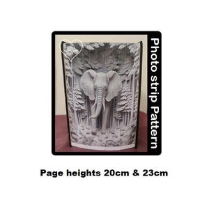 May include: A photo strip pattern for a pop-up book featuring an elephant walking through a forest. The pattern is printed on white paper and includes the text "Photo strip pattern". The page heights are 20cm & 23cm.