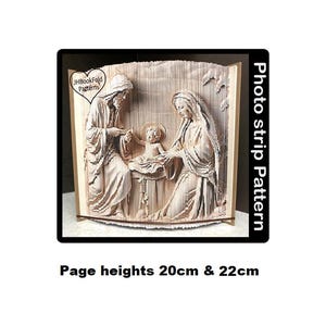 May include: A photo strip pattern for a bookfold art project depicting the Holy Family. The pattern includes a mother, father, and child. The pattern is designed for pages that are 20cm and 22cm tall.
