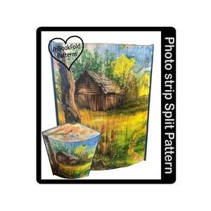 May include: A photo strip split pattern showing a rural cabin scene. The image includes the text "JHBookFold Patterns" inside a heart shape. The cabin is set in a field with trees and a blue sky.