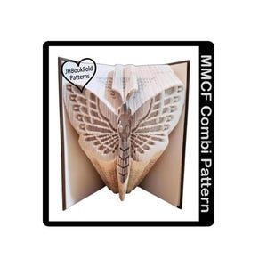 May include: A book transformed into a butterfly sculpture through intricate folding and cutting techniques. The open book reveals the butterfly design, with detailed wing patterns. The image includes the text "JHBookFold Patterns" and "MMCF Combi Pattern".