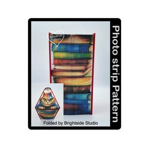Può includere: Uno schema di striscia fotografica per la piegatura dei libri, con una pila di libri con un design di gatto colorato. Lo schema è piegato da Brightside Studio.
