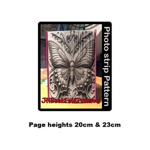 May include: Photo strip pattern for a book folding project featuring a detailed butterfly design. The pattern includes instructions for pages with heights of 20 cm and 23 cm.