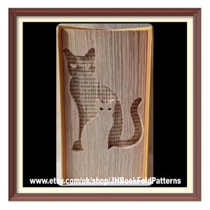 May include: A book folded into the shape of two cats, one standing behind the other. The cats are cut out of the pages of the book, creating a silhouette effect. The book is framed in a brown wooden frame.
